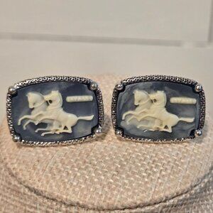 Vintage Incolay Cuff Links Horse Equestrian White Gold Plated Cameo Mens Jewelry